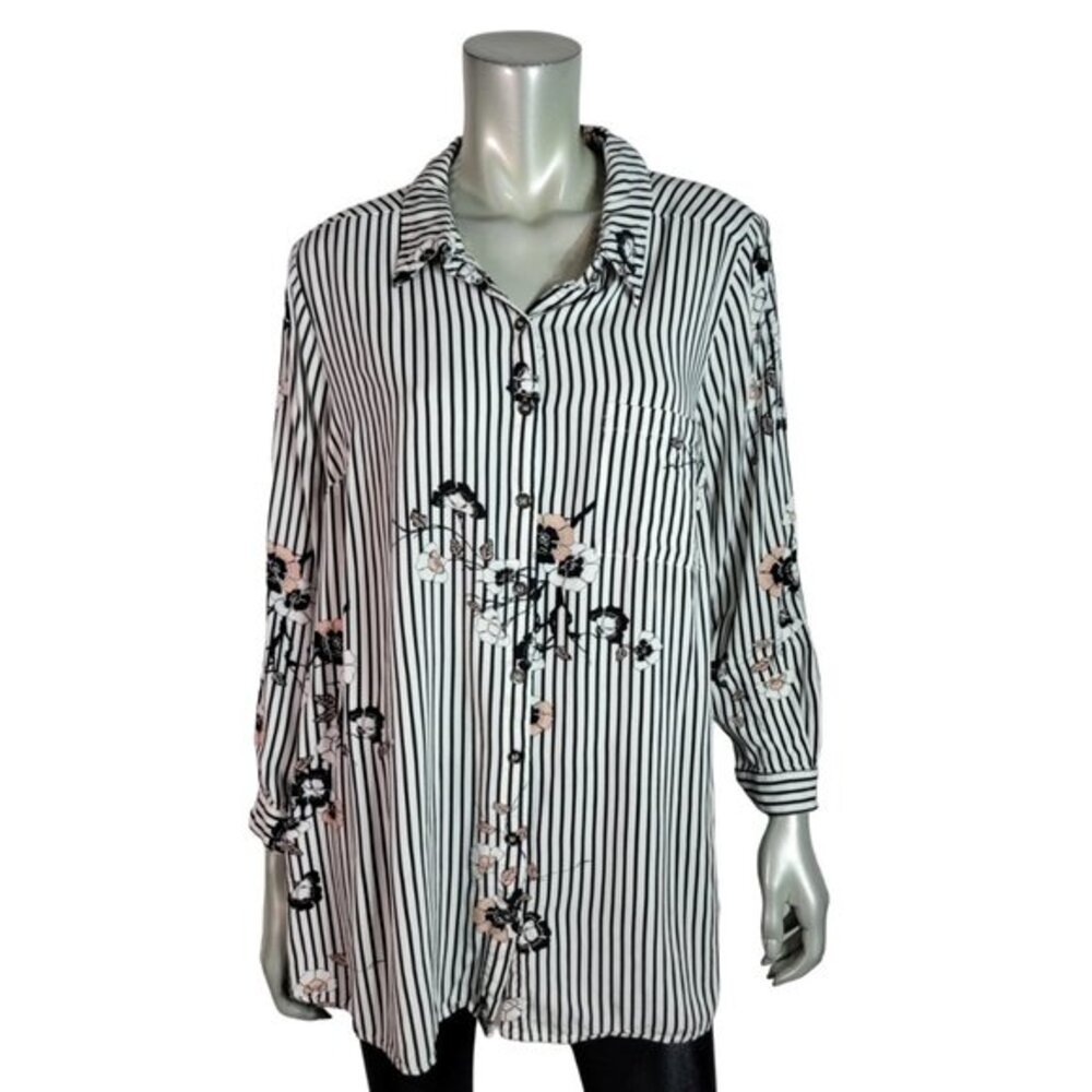 Daniel Rain Top Plus Size 1X Striped Floral Button Up Pocket Long Sleeve‎ Black
